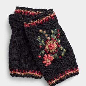 100% Wool Handknit Floral hand wamers Black Fleece Lined